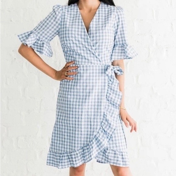 Storia Blue Gingham Wrap Ruffled Knee Length Dress Women’s Size Small Dorothy - Picture 8 of 8